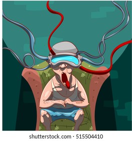 Colorful vector illustration of a man, brainwashed by propaganda with a virtual reality device on his head, watching social media