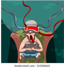 Colorful vector illustration of a man, brainwashed by propaganda with a virtual reality device on his head, watching social media