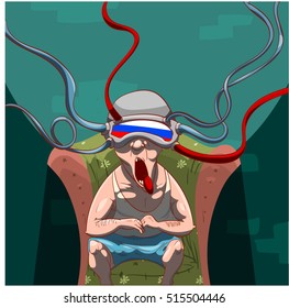Colorful vector illustration of a man, brainwashed by propaganda with a virtual reality device on his head, watching social media