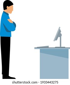 colorful vector illustration of man at the computer and looking at computer, being seen in profile