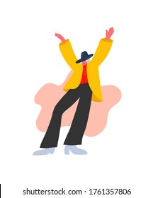 Colorful vector illustration with a man dancing. Boy in blue hat and yellow jacket. Abstract shape on the background. Dance moves, activity, fun.