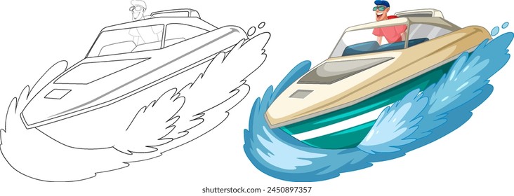 Colorful vector illustration of a man driving a speedboat