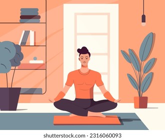 Colorful vector illustration of man in lotus position, meditating yogist in the room. Cartoon design, sports guy in pilates pose, relaxes, practices. Train for calmness, asanas for lifestyle