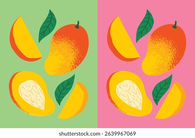 Colorful Vector Illustration of Mango – Whole, Sliced, and Wedge Juicy Tropical Fruit Design