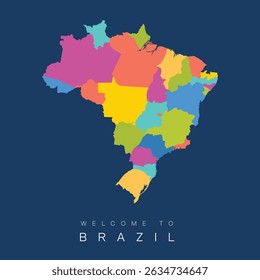Colorful vector illustration of the map of Brazil, featuring its states in vibrant, distinct colors. A flat modern design.