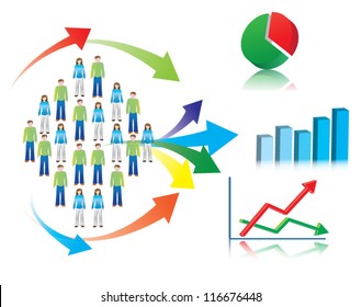 Colorful vector illustration of market research and statistics, symbolized by population (or consumers) described through charts, graphs