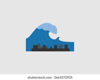 Una colorida Ilustración vectorial de una enorme ola azul que se estrella sobre el horizonte de la ciudad