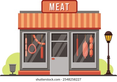 Colorful vector illustration of a meat shop building facade with various sausages hanging in the showcase and a street lamp on the sidewalk