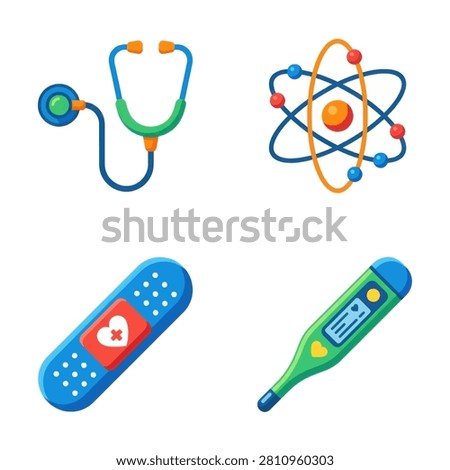Colorful vector illustration of medical and science tools featuring a stethoscope atom model bandage and digital thermometer