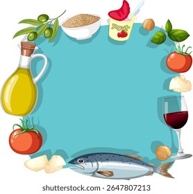 Colorful vector illustration of Mediterranean diet ingredients arranged around a blue background. Includes fish, olive oil, and vegetables