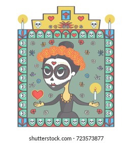 Colorful vector illustration in Mexican Day of the Dead style with beautiful sugar skull woman and religious ornaments frame