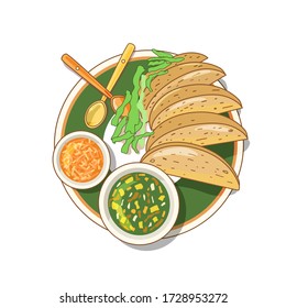 Colorful vector illustration of Mexican food. A plate with such sauces on an isolated background.
