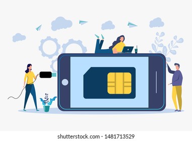 Colorful vector illustration, mobile sim card, microchip, mobile phone communication scheme. People use mobile.