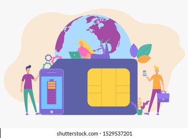 Colorful vector illustration, mobile sim card, microchip, mobile phone communication scheme. People use mobile.