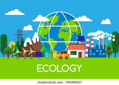 Colorful vector illustration in modern flat design. Ecology and green energy concept. Horizontal colorful web banner with big globe, nature, alternative fuel, electric car. Green  lifestyle.