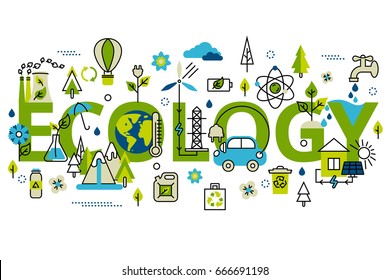 Colorful vector illustration in modern flat line style, ecology concept horizontal web banner.  Green energy, ecology problem and alternative fuel. For info graphics and graphic design.