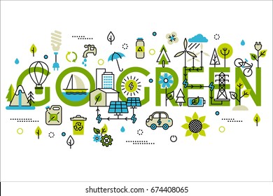 Colorful vector illustration in modern flat line style, ecology concept horizontal web banner.  Green energy, go green, alternative fuel. For info graphics and graphic design.