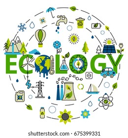 Colorful vector illustration in modern flat line style, ecology concept horizontal web banner.  Green energy, ecology problem and alternative fuel. For info graphics and graphic design.