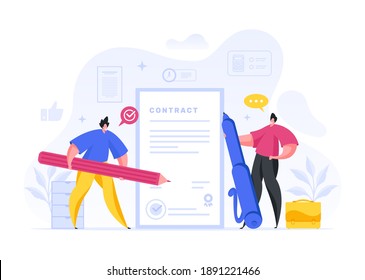 Colorful vector illustration of modern male entrepreneurs with pencil and pen reading and checking legal contract while making business deal