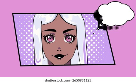 Colorful vector illustration in modern pop art anime style. Features a girl with white hair, pink eyes, and brown skin, with a vibrant purple halftone background and empty comic speech bubble.