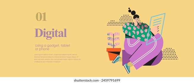 Colorful vector illustration of a modern woman using a tablet. Set against a bright yellow background, ideal for themes of digital technology, online communication, and modern lifestyle