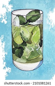 Colorful vector illustration of mojito coctail in watercolor style