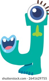 Colorful vector illustration of a monster-shaped letter J with a whimsical design and vibrant colors