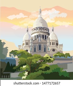 Colorful vector Illustration of Montmartre, landmark of Paris, France. Cityscape with basilica Sacre Coeur. Colorful vector illustration, cityscape of Paris.