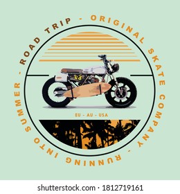 Colorful vector illustration of motor bike with skateboard holder, with text and textured background simulating palm trees.