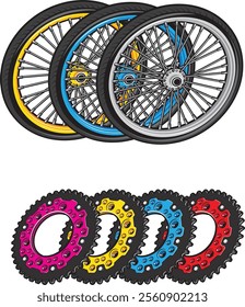 Colorful vector illustration of motorcycle wheels and sprockets in vibrant hues, showcasing dynamic design elements for automotive and mechanical enthusiast