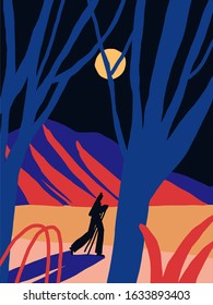 Colorful vector illustration with mountain landscape and a man doing evening exercises outdoor. Nordic walking man. Night time atmosphere with blue trees, moon and red plants. Hiking.