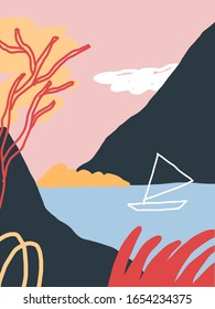 Colorful vector illustration with mountain landscape. Nature, lake, sailboat, trees and plants. Beautiful view. Pink sky with clouds.