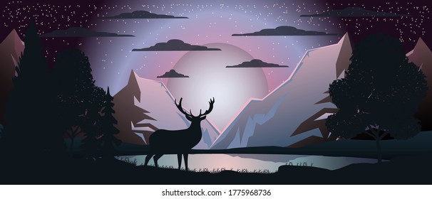 Colorful vector illustration. Mountain landscape near the water. Starry sky. Moon.