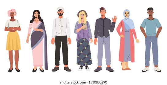 Colorful vector illustration of multicultural multiethnic high school and graduate students, coworkers, friends and teammate standing together. Group of diverse people isolated on a white background.