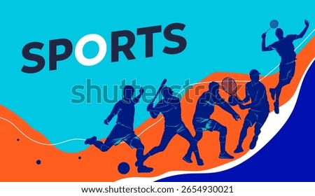 Colorful vector illustration of multiple athletes playing various sports like soccer, baseball, tennis, and badminton with dynamic poses and abstract background in blue, orange, and white tones.