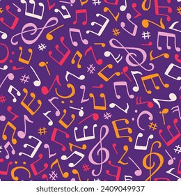 Colorful Vector Illustration of Music Notes Seamless Pattern with Purple Background