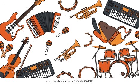 Ilustración vectorial colorida de instrumentos musicales que incluyen guitarra, violín, teclado, trompeta, tambor, saxofón y maracas
