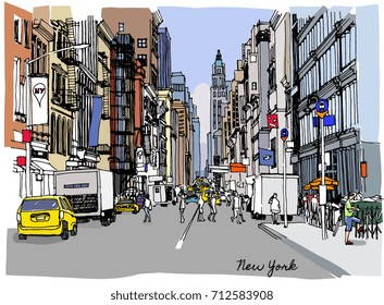 Colorful vector illustration of New York. Street in perspective. Broadway. 