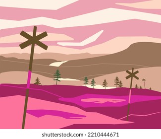 Colorful vector illustration. Nordic landscape graphics. Scandinavian mountains in a trendy, futuristic design. 