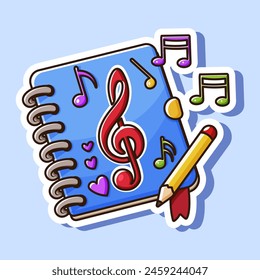 A colorful vector illustration of a notebook with music notes and a pencil on a light blue background, concept of creativity and music composition. Vector illustration