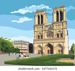 Colorful vector Illustration of Notre Dame Cathedral (Paris, France). Landmark of Paris. Cityscape with Notre Dame Cathedral. 