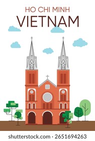 Ilustração vetorial colorida da Catedral de Notre-Dame na cidade de Ho Chi Minh, Vietnã, estilizada com formas limpas e tons vibrantes, ideal para viagens, cultura ou temas arquitetônicos