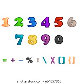 Colorful vector illustration of numbers and mathematical signs on isolated white background.