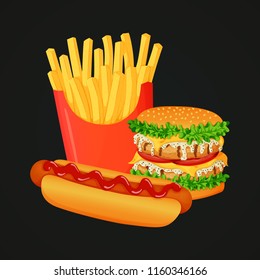 Colorful vector illustration on dark background. Fast food icon. Big box of french fries, hot dog with ketchup and double chicken burger.