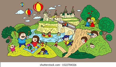 Colorful vector illustration on a gray background of the Ukrainian city Kamyanets-Podilsky and activities that you can do there: visit the castle, go on a picnic, go kayaking, hiking, go camping, go o