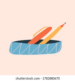 Colorful vector illustration on pink background. Depiction of pencil case with pen and pencil. Stationery for school, office.