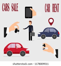 Colorful vector illustration on the theme of renting and selling cars. Hand, keys, cars and stuff.