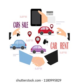 Colorful vector illustration on the theme of renting and selling cars. Hand, keys, cars and stuff.