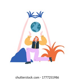 Ilustración colorida de vectores sobre el tema de la conservación y sostenibilidad de la naturaleza. Representación de una niña entre plantas con símbolo de planeta. Calentamiento global, ecología, consumo sostenible.