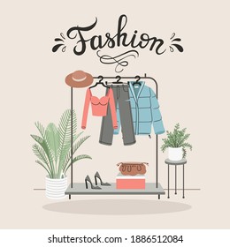 Colorful vector illustration on the theme of beauty and fashion. Isolated rail with fashionable women's clothing. Flat art for use in design